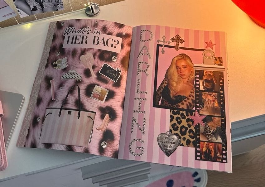 Разворот персонального журнала My Glossy: страницы «What's in her bag?» и «Darling» с фотографиями и коллажами