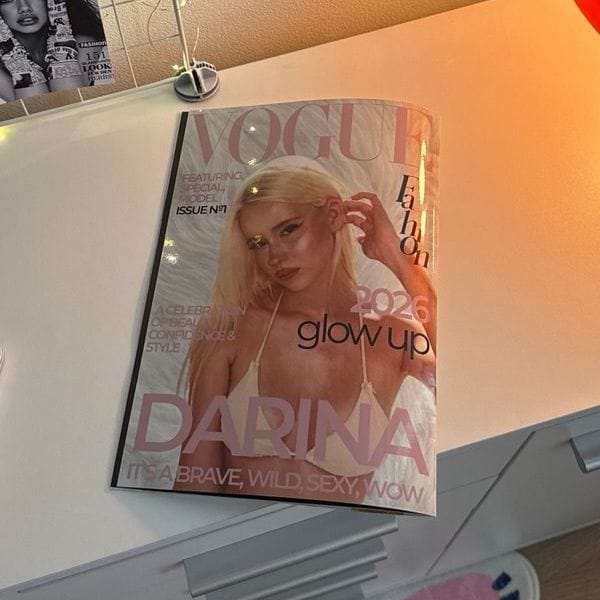 Напечатанный персональный журнал в стиле Vogue на столе дизайнера